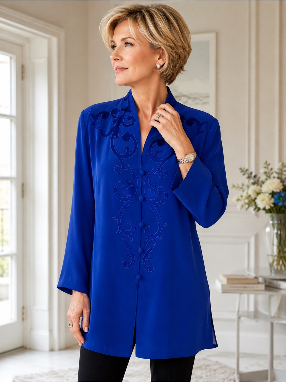 Adrianna Papell 100% Silk Jacket Blouse Size 14 NWOT Cobalt Blue Applique